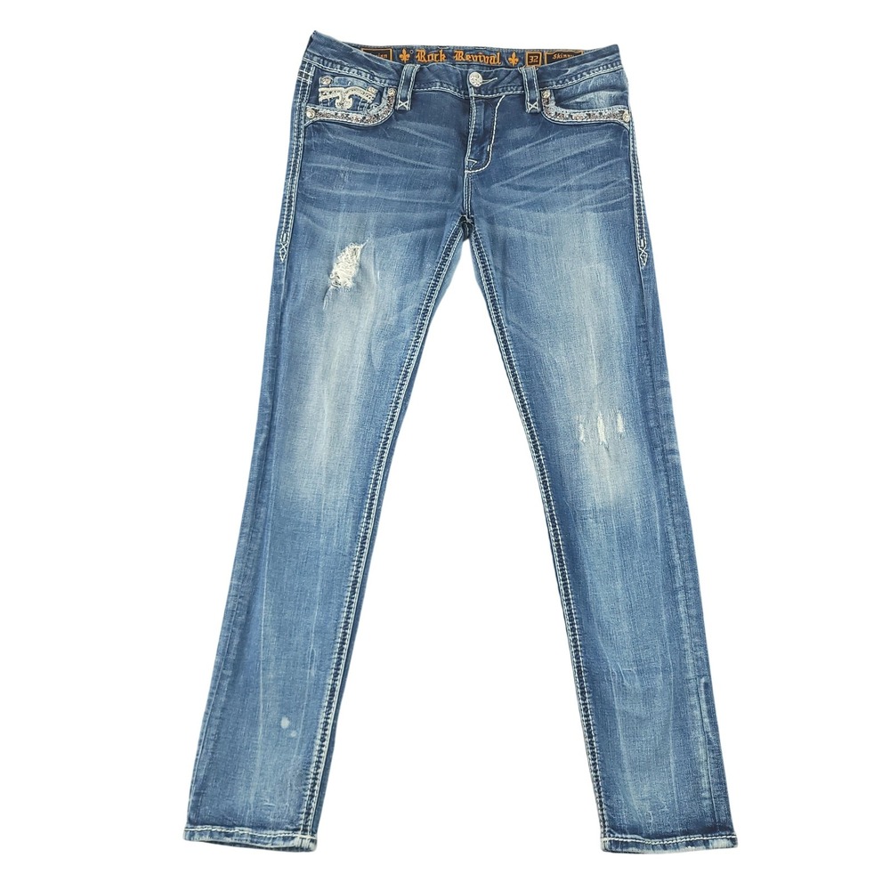 Rock Revival Marian Skinny Jeans Womens 32 Blue Distressed Embellished Denim